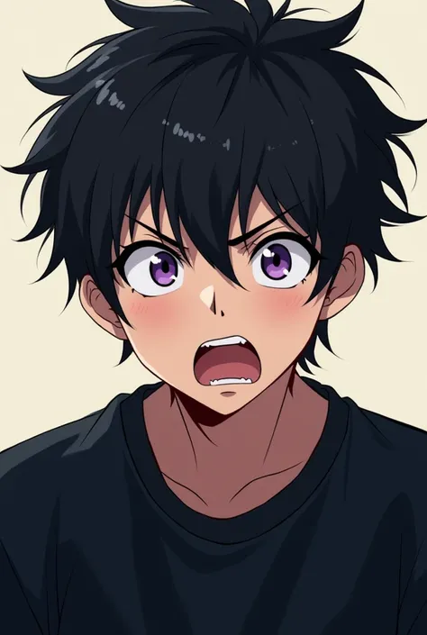 Anime character cartoon purple eye black hair half body black sweatshirt
Masculine expression of fear