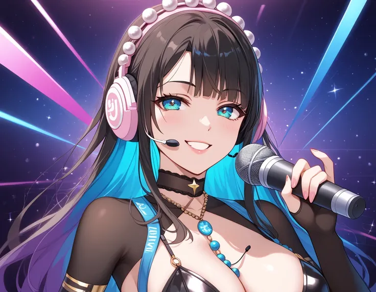  The character presents a vibrant and modern style .  She has long pink braids ,  decorated with beads of various colors ,  including pearls and stars .  Her look is complemented by a large headset ,  with a microphone,  that suggests that she is connected...