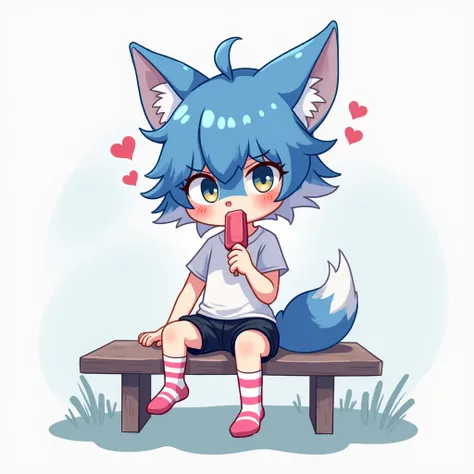 (high quality) blue cute Wolf boy sitting on a bench, his ears slightly flattened from embarrasment, he's blushing, looking away with his eyes, eating a popsicle, his fluffy tail wrapped around his thigh, he's wearing short Black shorts, and a white t-shir...