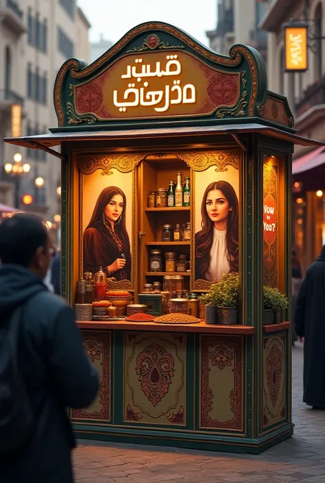 A small booth is open on Qaremah that says How are you in Arabic and English with pictures of Abdel Halim and Fairuz