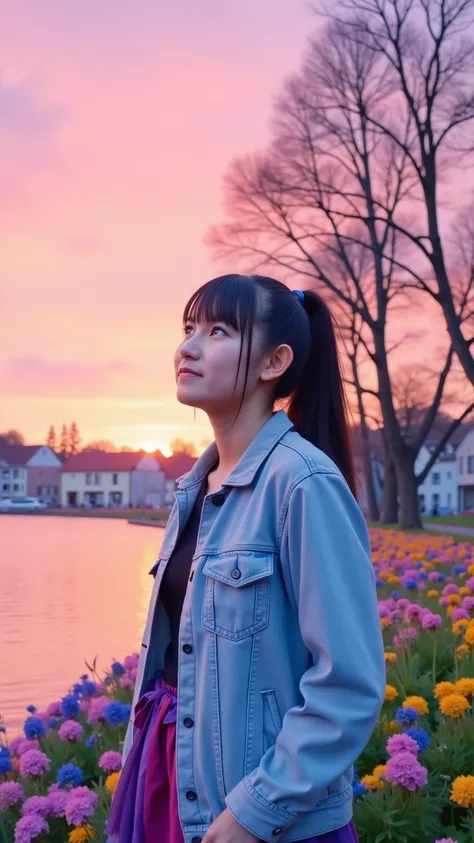 a women, ponytail hair with bangs, contemplative expression,  standing by a tranquil lake at sunset.  Pastel pink, orange, and blue hues dominate the scenery.  The girl, likely Asian,  is 20-25, sports a thoughtful expression, gazing upward,  and is clad i...