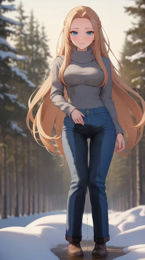 A youthful scandinavian female with dazzling eyes and lovely long hair and forehead with perfect body:1.1 and medium breast is standing and (wetting herself:1.5) in desperation. She is wearing blue denim pants and casual winter outfit. Looking at viewer in...