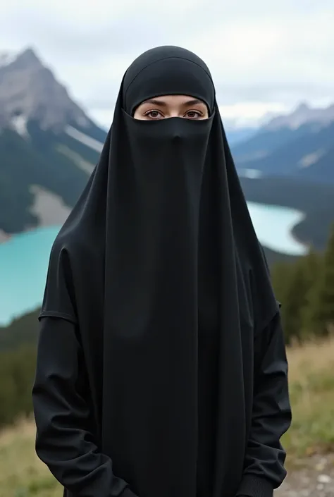 A 23 year old girl ,  with a happy age , body contains ,  clean white ,  in Dutch blasteran arab style ,  wears a black tracksuit and wears a long veil covering her chest in black, in the open with mountain and lake views . Zoom out