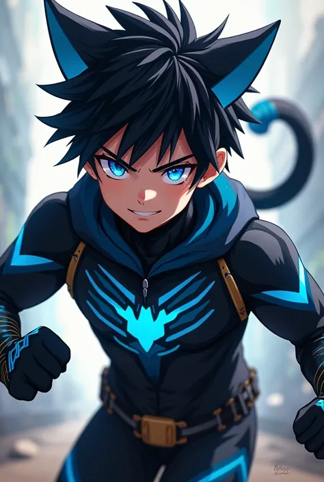 Image of an anime boy with black hair blue locks blue eyes wearing a superhero suit in the shape of a black anime cat with blue stripes