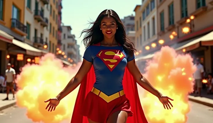 large shooting in the city center; fire bullets ricocheting off Supergirl's body; big shootout in the city center; 2024 Rio de Janeiro street(((big fire in the street))); close-up; black Supergirl 1984 film Strong super breasts  ((((Supergirl releasing sup...