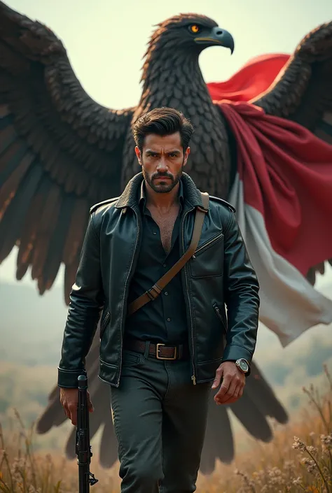 Realistic dashing man wearing black leather jacket carrying rifle and Indonesian Flag walking alongside giant Garuda bird 