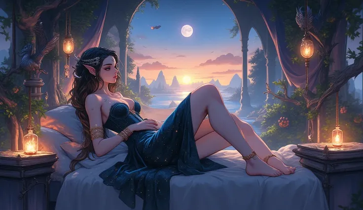 A hyper-detailed fantasy illustration of a mystical elven woman lounging in an enchanted, floating bedchamber. She reclines on a silver-branch canopy bed draped in iridescent curtains, her bare feet adorned with rune-etched gold anklets. Her moon-pale skin...