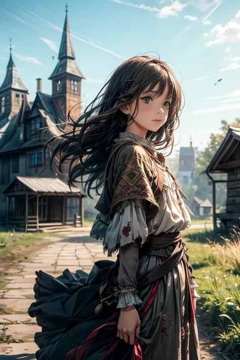 Slavic peasant girl, Tattered dark hair ,  medieval peasant clothes, background is an ancient Slavic village with a small wooden castle on a hill, dynamics,  movement, coquetry , wind