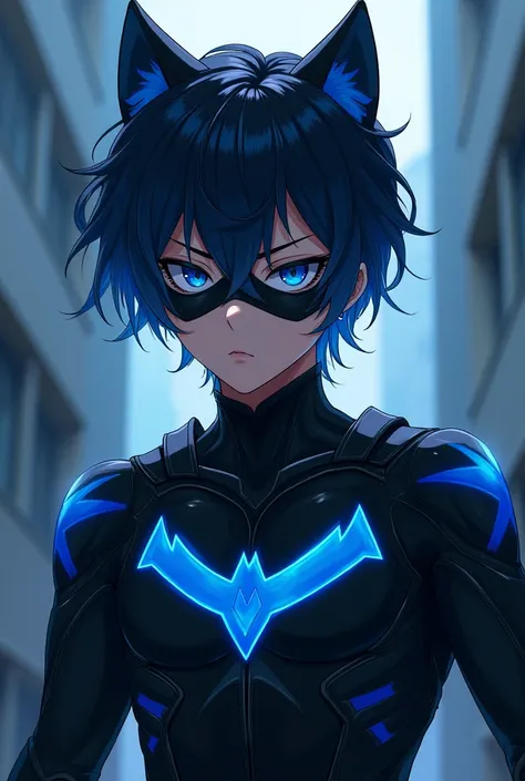 image of an anime boy with black hair blue locks blue eyes with a superhero costume in the shape of a black anime cat with blue stripes with a black cat mask with blue stripes