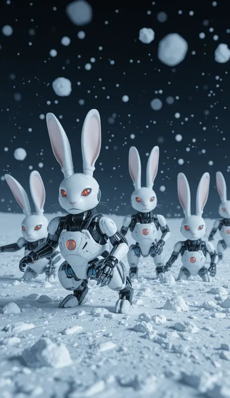 Small rabbits with mechanized whole bodies 、 are white but their whole body is covered by machines、Group of 、LEDs with red eyes、１０A group of more than one robot rabbit is in a hurry、Plains of snow falling and piling up at night、 reality、3d、hard