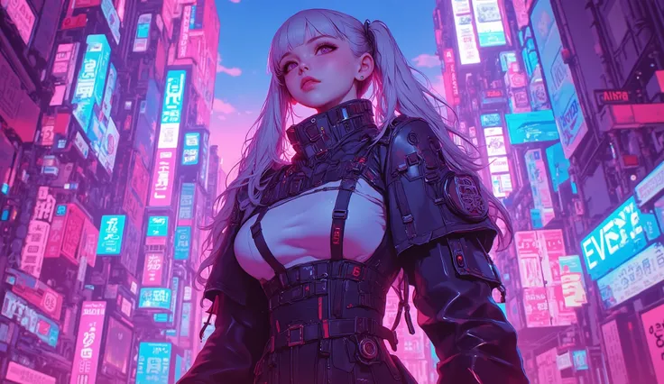  top quality　Ultra delicate　Japanese anime anime　 one pretty girl　Pink light　blue-purple scenery 　 The downtown area of the future　Strong shadows 　 strong contrast 　 cyberpunk　Big Breasts 　 twin tails　 twin tails