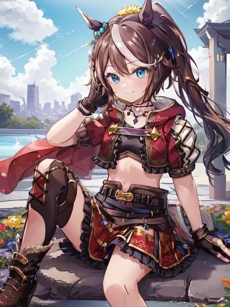  tokai teio(horizon),horse ears,horse girl,brown hair,long hair,high ponytail,streaked_hair, multicolored _hair,blue eyes,jacket,cropped jacket,crop top,midriff,fingerless gloves,short sleeves,navel,skirt,belt,cape,jewelry,frills, hair ornament ,hood down,...