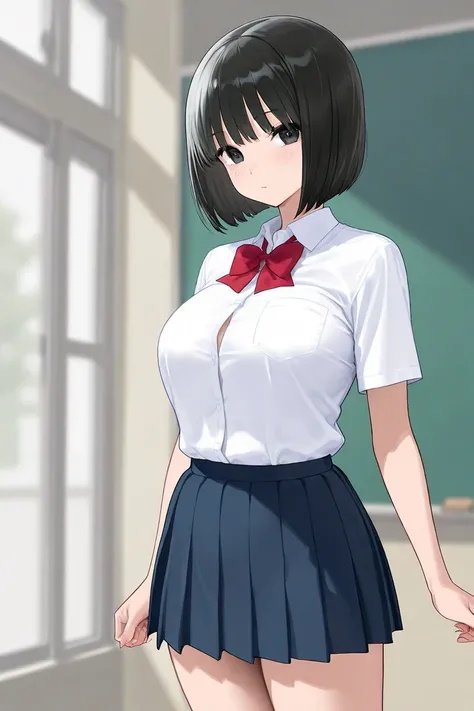 a high school girl, busty, black hair, bob cut, school uniform, spring