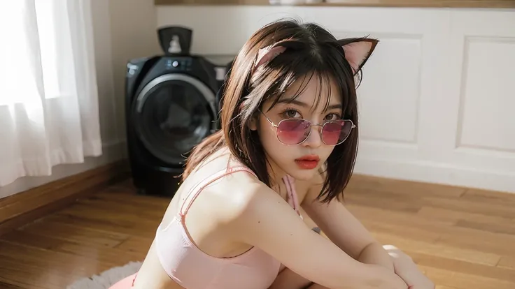 A medium shot captures a fair-skinned woman with shoulder-length light brown hair and bangs, wearing light pink cat-eye sunglasses, her upper body bare, and dark pink underwear, seated on a wooden floor with her left leg bent and draped in loose pink pants...