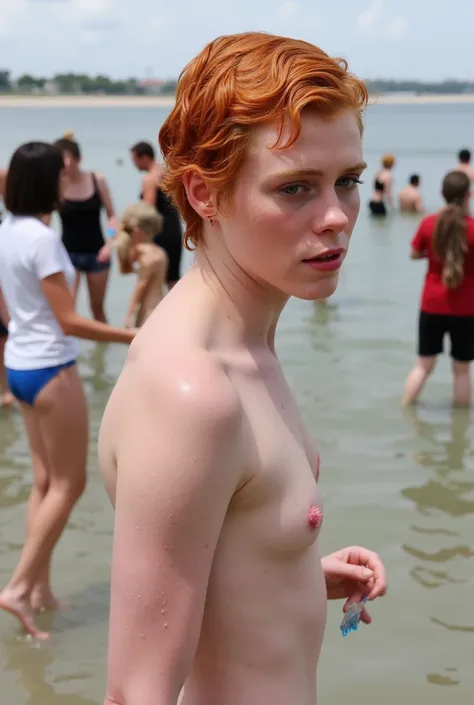       Ultra-realistic close-up of red-haired Sophia Lillis,    short hair ,   naken,  torn clothes,  small naked breasts ,  leaving the sea in the middle of people , wet hair stuck to the skull ,  full body, bare feet , wet panties,  taken with telephoto l...