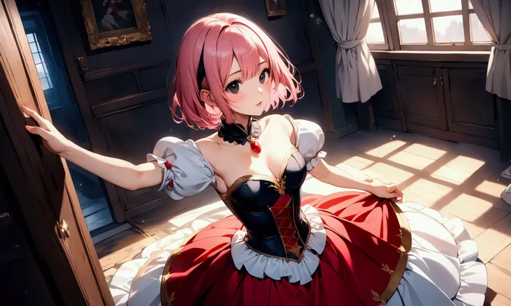 (masterpiece),  BEST QUALITY, ((Picture book illustrations)), The story of the protagonist ,  The protagonist is on the edge of the screen, ((Snow White Costume)), (20 years old), 160cm tall, (((short hair), Straight Hair, (pink hair:1.5), bob cut, black e...