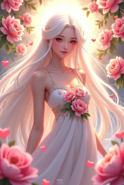 white hair goddess with hearts and flowers anime