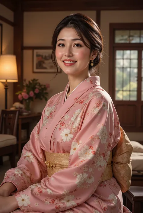 best quality, masterpiece, super high resolution, beautiful Japanese mature woman, Kind Face, green eyes, kind smile, Curvy Body, big boobs, updo brown hair, Japanese female Cloth Outfit, Japanese kimono, In Old Japanese-style Room, night:1.2,