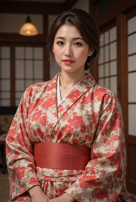 best quality, masterpiece, super high resolution, beautiful Japanese mature woman, Kind Face, green eyes, kind smile, Curvy Body, big boobs, updo brown hair, Japanese female Cloth Outfit, Japanese kimono, In Old Japanese-style Room, night:1.2,