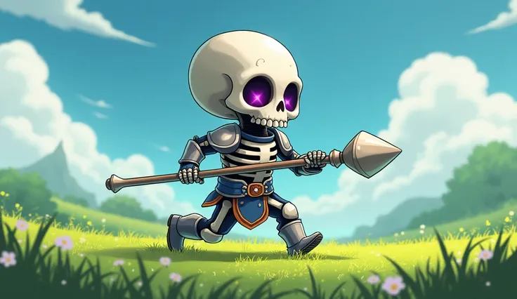 baby,skeleton,  purple sparkles on the eyes, ,warrior, worn full armor, Hold a femur as a weapon,,game art, (  Height:: 2 cabeças de  Height) , anime,.Running through a green field. Side view Side Scrolling Scene High definition 