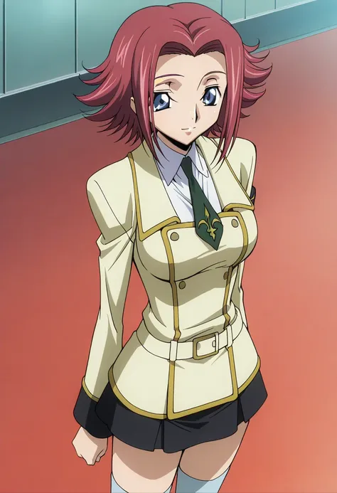  score_9,  score_8_ up the side,  score_7_ up the side,  source_Anime,  source_Anime,  detailed biography , Anime screencap,  Code Geass art style, At the academy,
 1 girl, Alone, Red Hair,  short hair, Upside down hair,  blue eyes,  big breasts,  Ashford ...