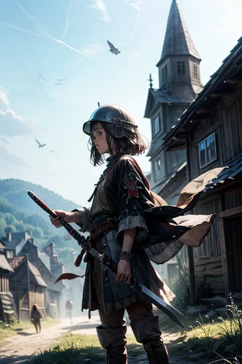 Slavic peasant girl with a straight sword and a combat helmet, Tattered dark hair ,  medieval peasant clothes,  background ancient Slavic village with a small wooden castle on a hill, dynamics,  movement, coquetry , wind