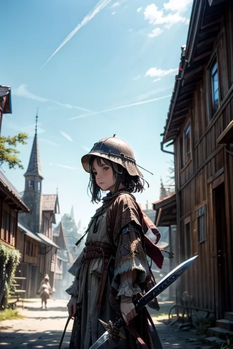 Slavic peasant girl with a straight sword and a combat helmet, Tattered dark hair ,  medieval peasant clothes,  background ancient Slavic village with a small wooden castle on a hill, dynamics,  movement, coquetry , wind