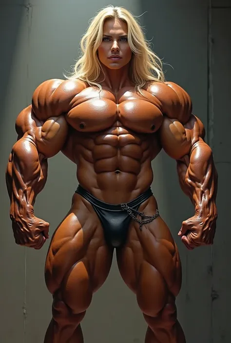 Blonde girl female flex double biceps pose big bulked girl bodybuilder covered of giga big muscles iper jacked girl monster big unreal huge muscles