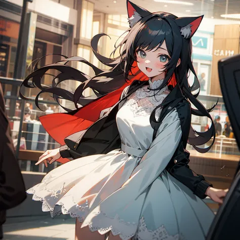 (best quality,cute girl), cat ear, [Upper body, Wind, Happy], Nostalgic, Lace dress, jacket, Crowded, Indoor, Mall