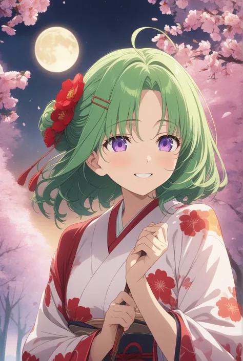  best quality,  great quality,  is so beautiful,  absurd,  1 girl , Green Hair、smile、Purple eyes、 is relaxed、 hairpin is attached to the hair、The hairpin is a red flower 、perfect face, 4K,  extremely detailed anime illustration, Front 、night、Cherry blossom...