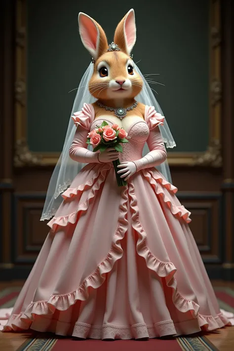 photorealistic portrait of Dressed animals - a ((fat))baby (peter rabbit) bride,(elegant pose),(happy smile),(furry), high quality,(lovely) ,intricate details, highly detailed (gothic pink wedding dress)),wearing opera globes ,wearing highly detailed veil,...