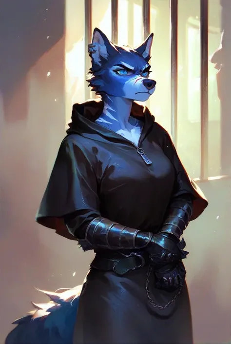 Anthropomorphic female wolf
Medieval fantasy
Chaotic temper
Wears a black hooded cloak
Hood is pierced to let ears through 
Only armor piece is a leather tunic with a zipper 
Wields a bow
Blue eyes
Dark fur
Red dye on ears and around the eyes
Three white s...