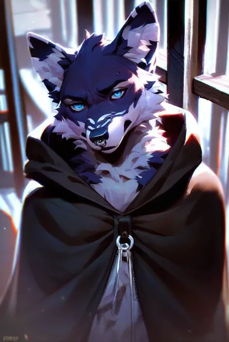 Anthropomorphic female wolf
Medieval fantasy
Chaotic temper
Wears a black hooded cloak
Hood is pierced to let ears through 
Only armor piece is a leather tunic with a zipper 
Wields a bow
Blue eyes
Dark fur
Red dye on ears and around the eyes
Three white s...