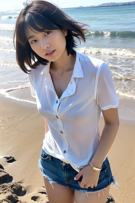 35-year-old Japanese woman with small breasts and short black hair、Open chest shirt and miniskirt、 glossy lips on the beach 、Run