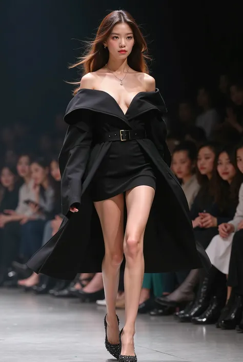 full body photo (best quality, very detailed, realistic), professional, beautifully detailed eyes, beautifully detailed lips, detailed facial features, natural skin tones, perfect skin texture, 18 year old, (South Korean fashion model), walks the runway du...