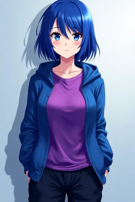  women. Blue hair. Black sweatpants. Purple sweater with blue jacket. Blue eyes. Serious face. Anime style. 1 size of boobs.