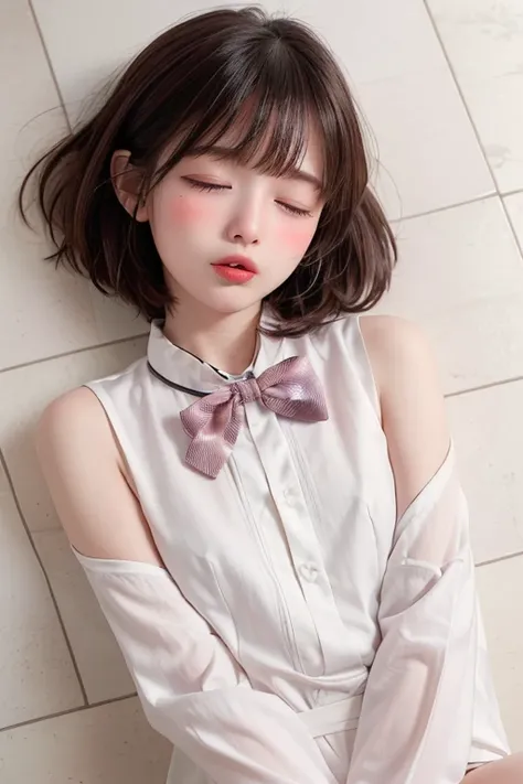 ( Masterpiece、  top quality:1.7)、16k、、 Event companion、 bob cut 、( Upper Body Shots :1.5),85mm、  official art、  RAW Photo  、The most beautiful face、  close-up 、((The best beautiful girl、  super cute、Baby Face))、 indoor、( sleeping on the floor :1.8)、 film g...