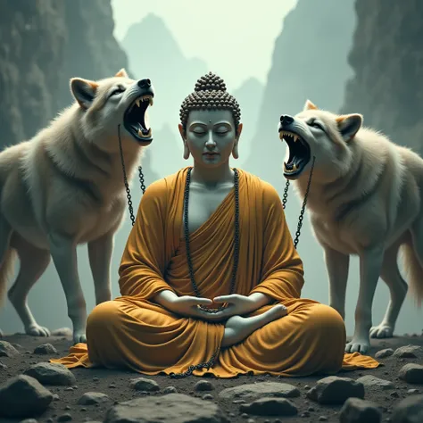 Create an image of a meditating Buddha, Will he be holding two chains in his two-handed grasp with angry wolves