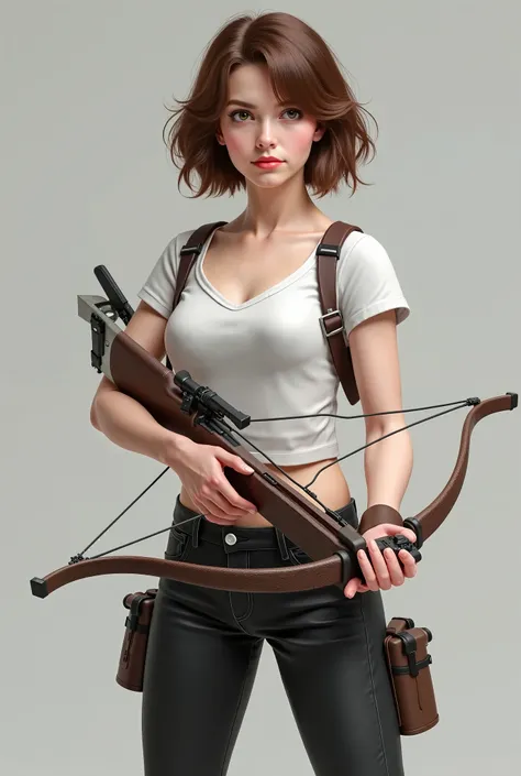  a realistic not animated girl with short brown hair wearing white top and black jeans holding a cross bow 