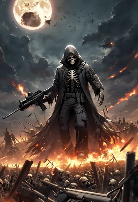       horror,Grim Reaper     , DELTA ARMY  ，    machine gun， machine gun，２ DIN HANDGUN  ，A form of reaping life,        The End of the World        , symbol of destruction, destruction, Dark Fantasy,cigarette,    DEATH ARMY   , eclipse,