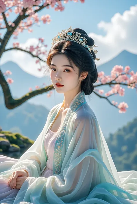 with blue sky and white clouds，mountain in the distance，pink flowers that，cherry tree，Hanfu woman,phoenix crown tiara、Meticulous embroidery、Wearing Hanfu pantyhose、Wearing sleeveless Hanfu、Clear panties are clearly visible、Look at panties and panties、Bare ...