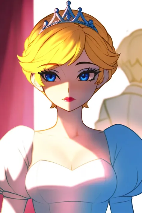 anime, manga, blonde hair, wavy hair, pixie cut, really short hair, blue eyes, light skin, white clothes, princess, discreet tiara, Elegant, makeup, princess diana, solo female, detailed clothing