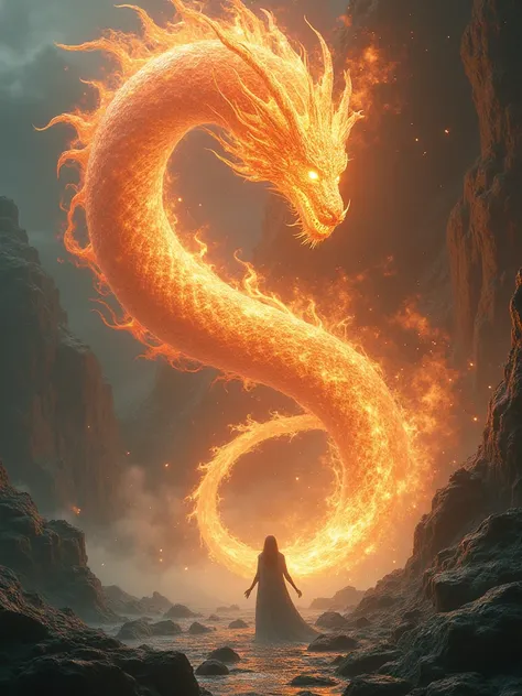 An ocean of larpa forms a huge and fiery dragon around it. 