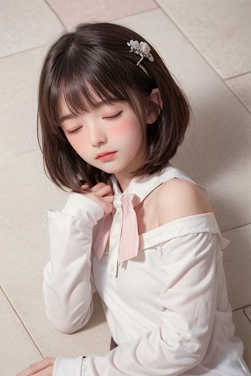 ( Masterpiece、  top quality:1.7)、16k、、 Event companion、 bob cut 、( Upper Body Shots :1.5),85mm、  official art、  RAW Photo  、The most beautiful face、  close-up 、((The best beautiful girl、  super cute、Baby Face))、 indoor、( sleeping on the floor :1.8)、 film g...