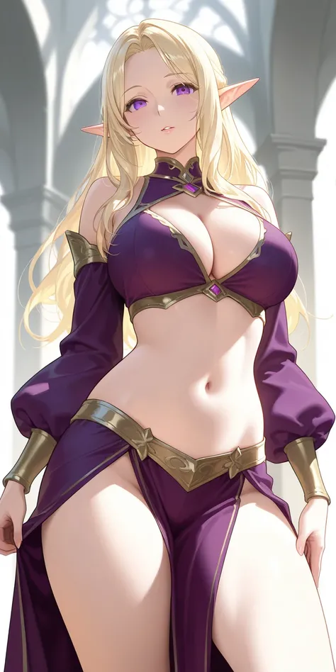 Mature female, pale blonde hair, purple eyes, elf, pointy ears, cleavage, fantasy clothing, midriff, thighs, purple outfit, soft light, best quality, highly detailed