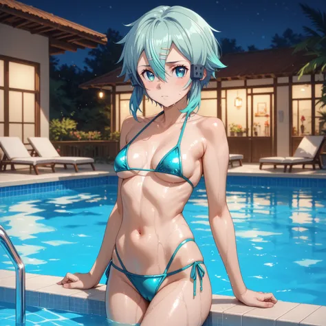 shino asada, hair between eyes, short hair, sidelocks, blue eyes, aqua hair, hair clip, hair ornament, Medium chest, Tempting body, gradient hair, glossy skin, glistening skin, Bikini Swimwear, Bikini bottoms, sexy pose, blush, shy, Pose seductively, Posin...