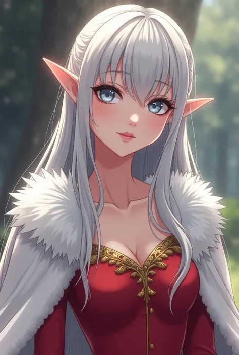  Create an Elf princess with long silver hair that goes up to her shoulders , silver eyes and beautiful appearance , wearing a red dress with a neckline and a fur coat that are thrown on your shoulders with a white anime-style cape