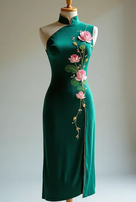 Beijing-style cheongsam,  longer, figure-fitting, one piece garment, an asymmetric, emerald green velvet cheongsam, with baby pink colour lotus flower detail decorated, wearing on mannequin 