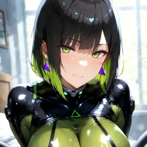 masterpiece, (((( best quality )))),1 girl, Japanese Anime ,character profilele,shiny skin, wearing a black pilot suit, dark hair, short bob hair,The inner color of the hair is green, green eyes,isosceles triangle earrings, black tights,large breasts