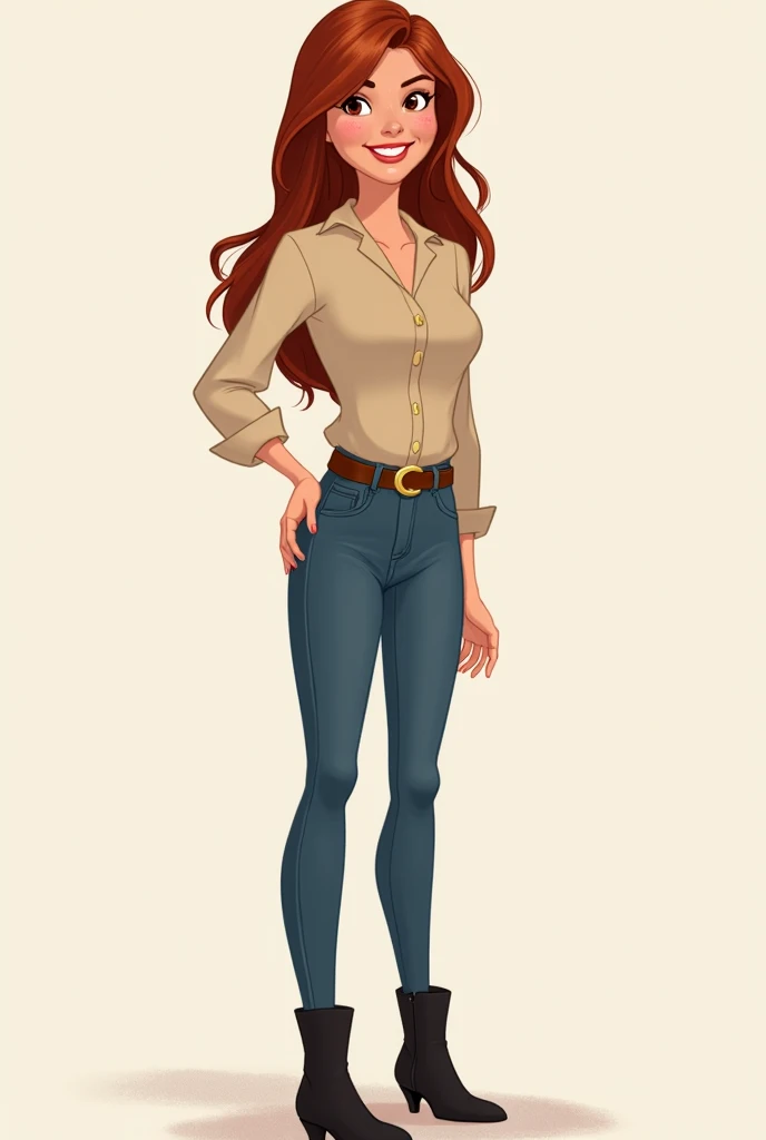  Disney-style image of an adult white-skinned girl with medium straight dark red hair,  dark brown eyes.   With long sleeve beige blouse and jeans and a thin brown belt, and black ankle boot shoes with small heels. And the hair picked up with a clamp 